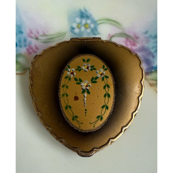 Vintage 1930s Brass Hand Painted Floral Rough Blush Compact/Mirror - Picture 8 of 11